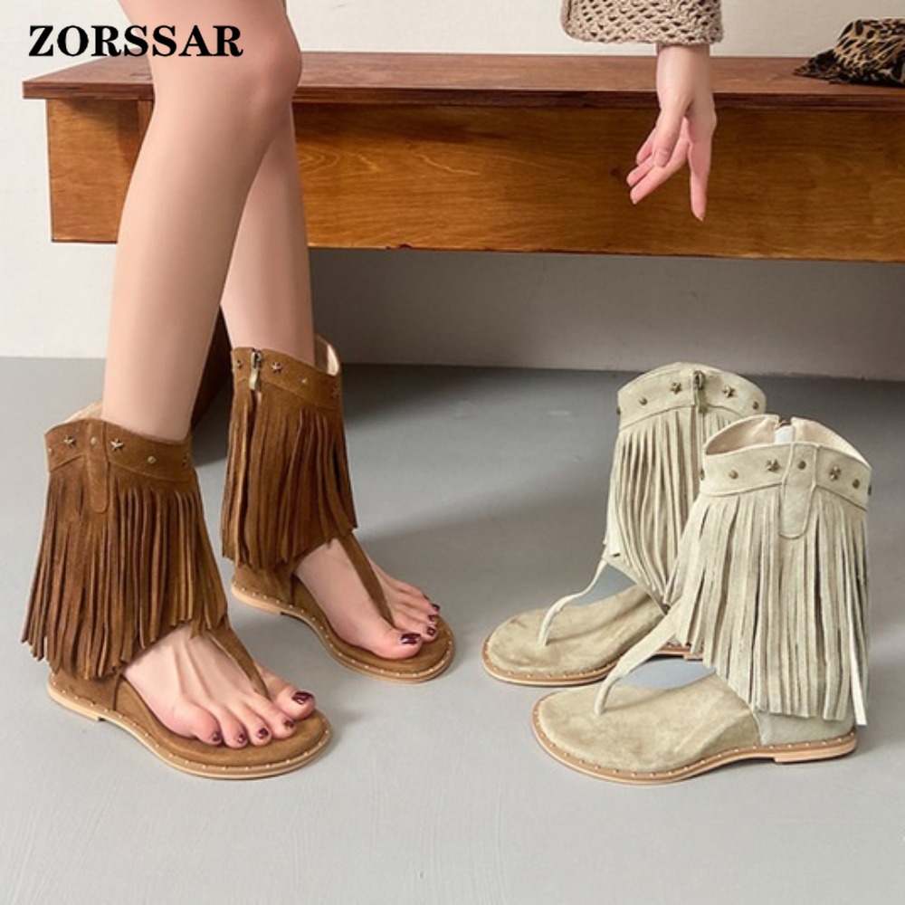 Women'S Fashion Boots - Женские сандалии-босоножки на танкетке с бахромой